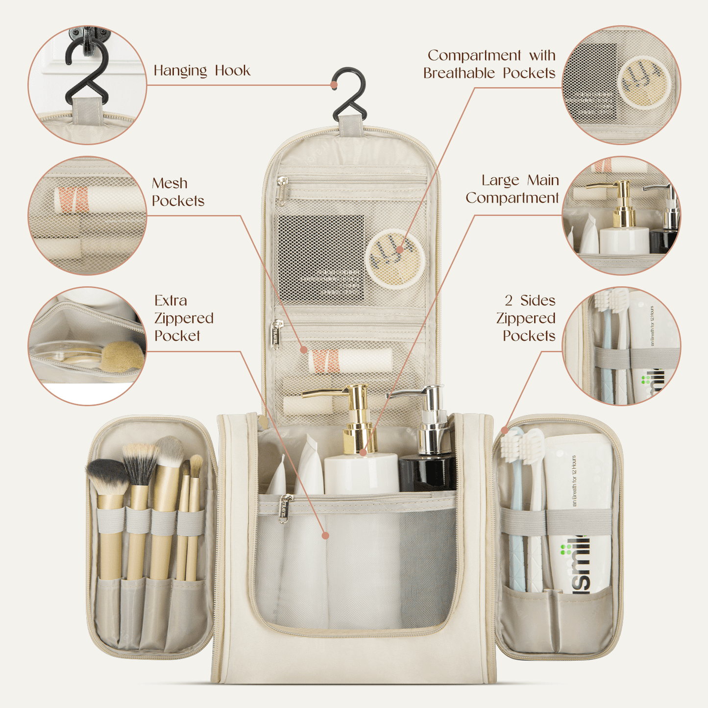Portable Beige Travel Toiletry Bag | Large Capacity Makeup Case with Hook
