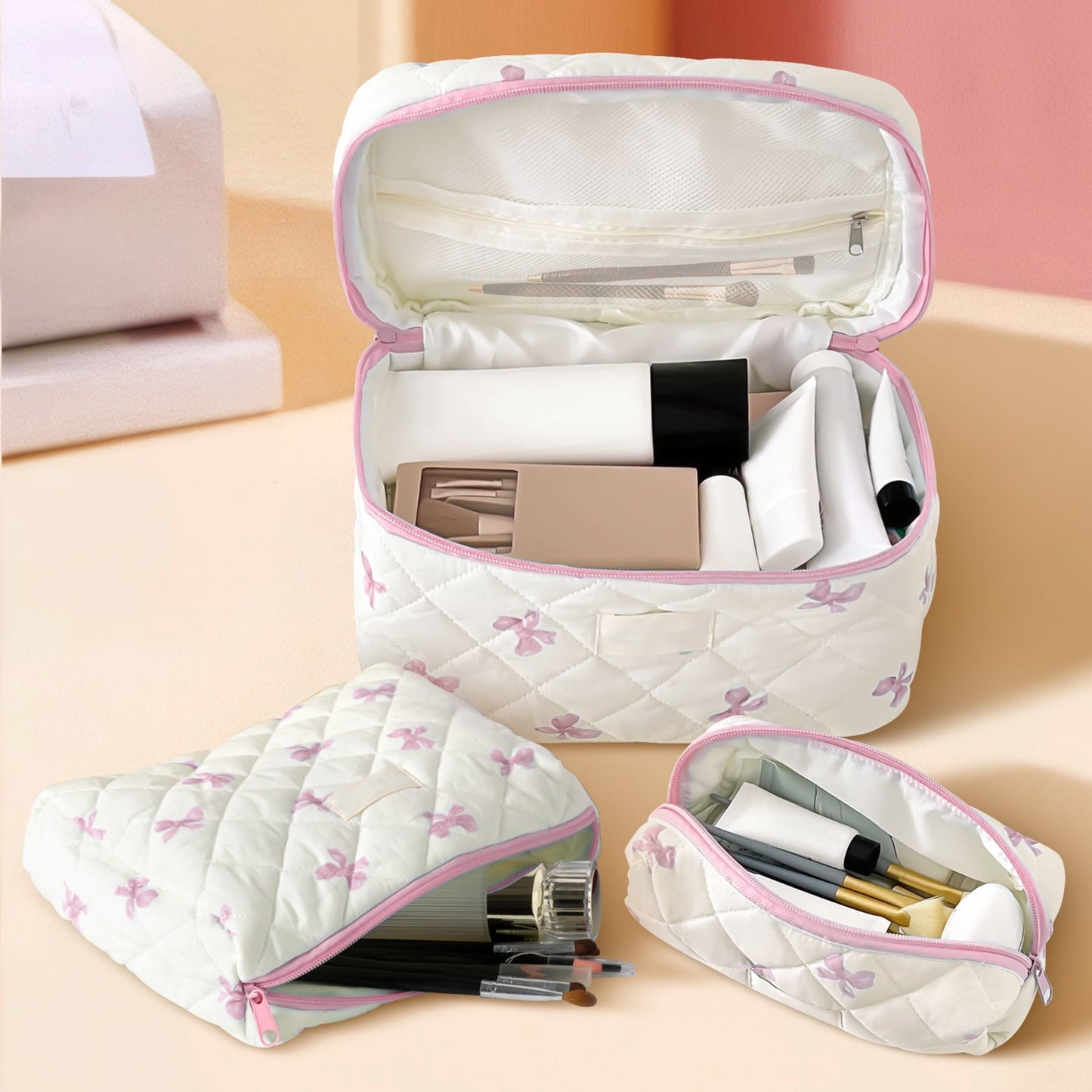 Large Quilted Makeup Bag Set | Cute Cotton Travel Organizer for Women
