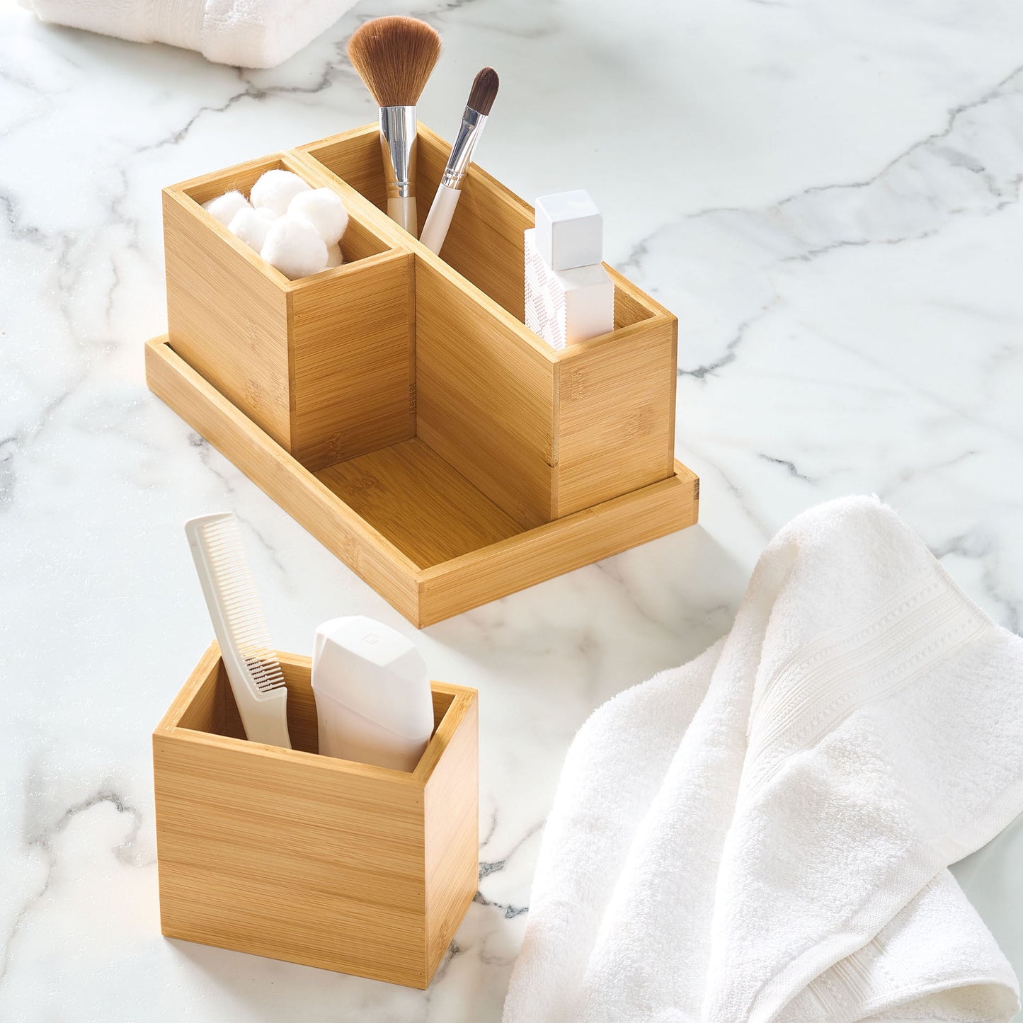 Bamboo Cosmetic & Toiletry Organizer Set | 4-Piece | Removable | Brown