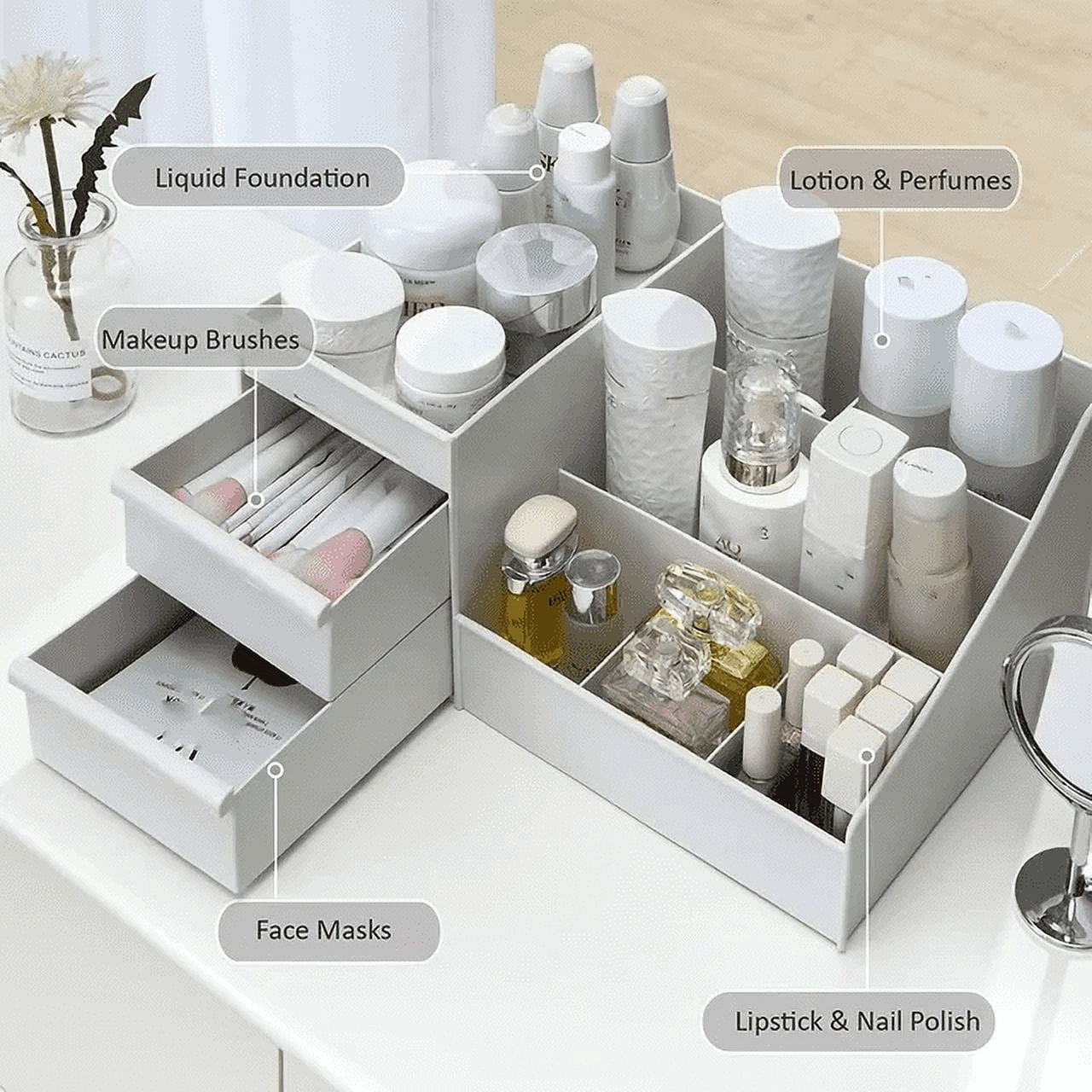 Makeup Organizer | White Cosmetic Box with 2 Drawers & 7 Compartments