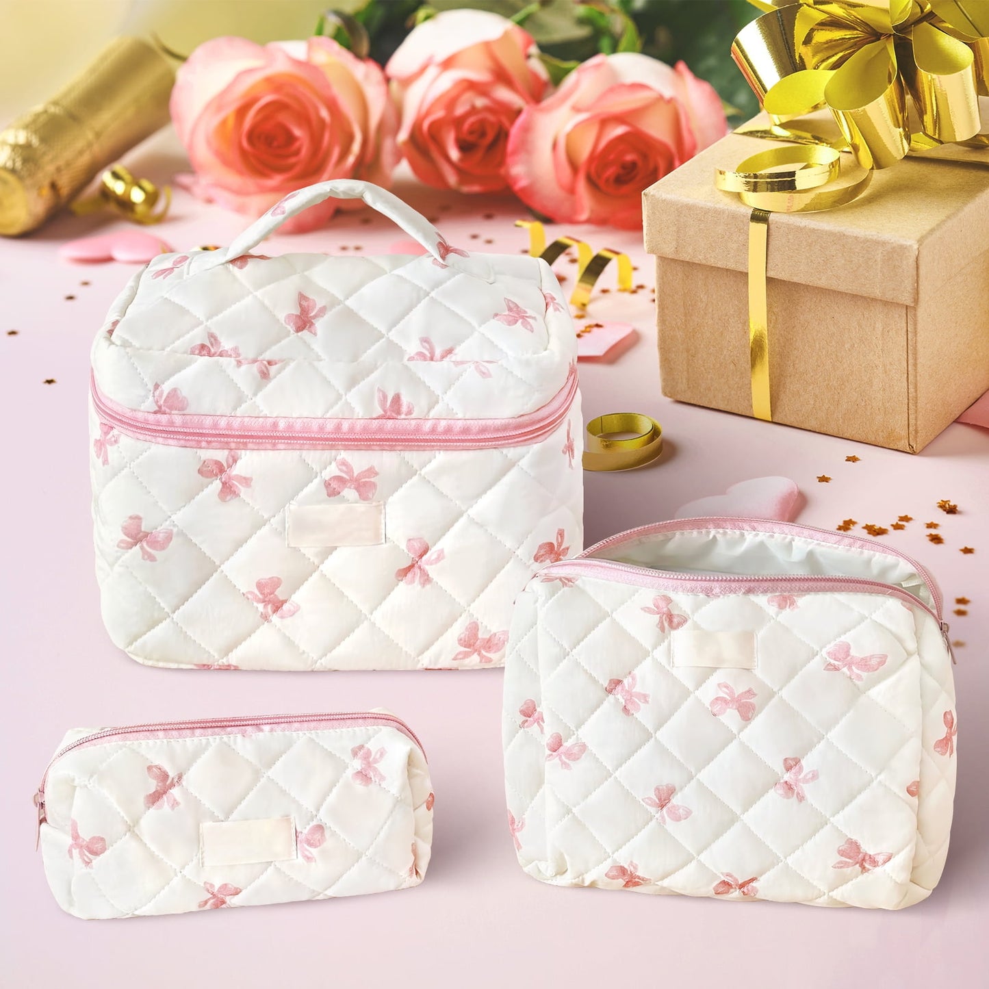 Large Quilted Makeup Bag Set | Cute Cotton Travel Organizer for Women