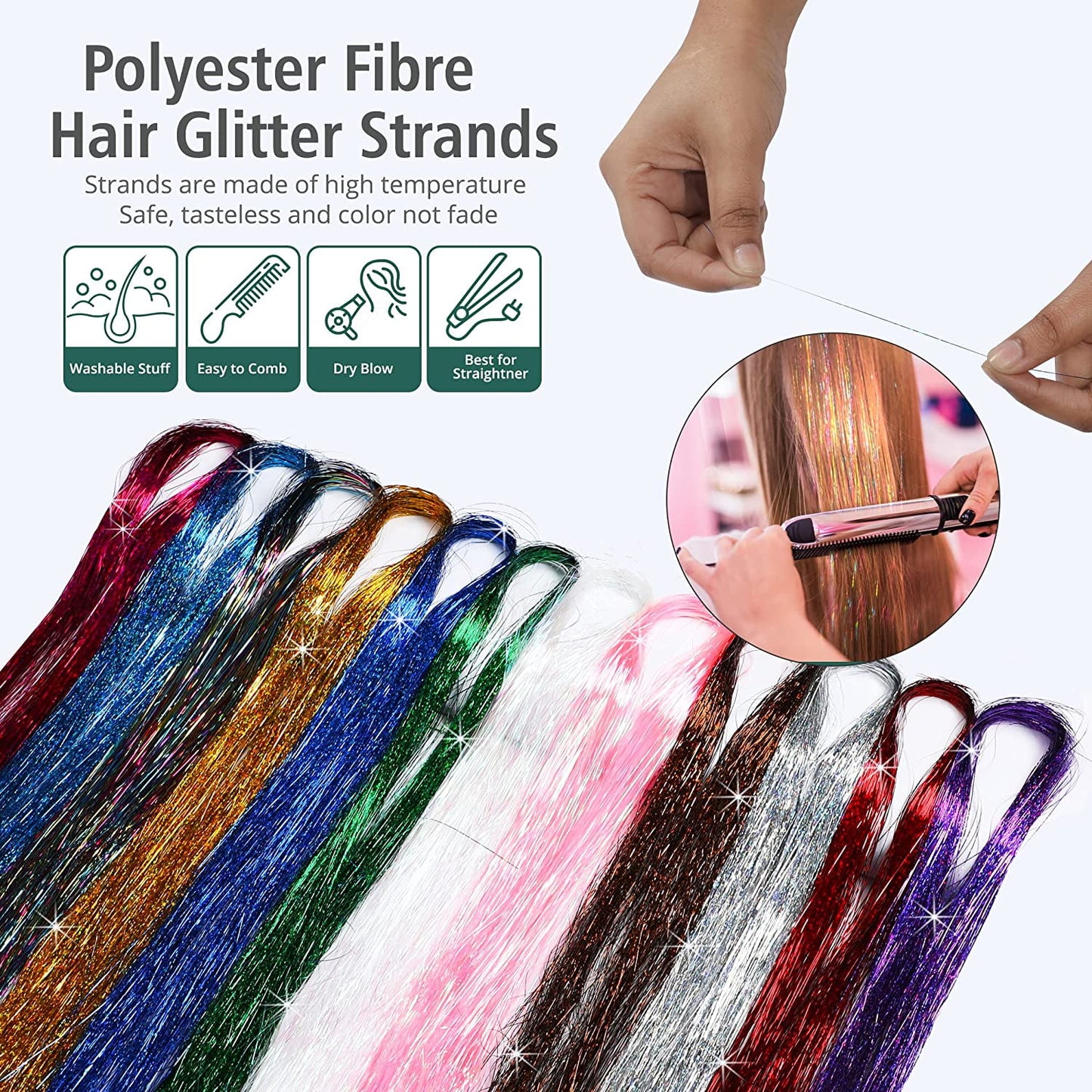 Herbiar Hair Tinsel Kit | 12 Colors | 2400 Strands | Heat-Resistant Extensions for Women