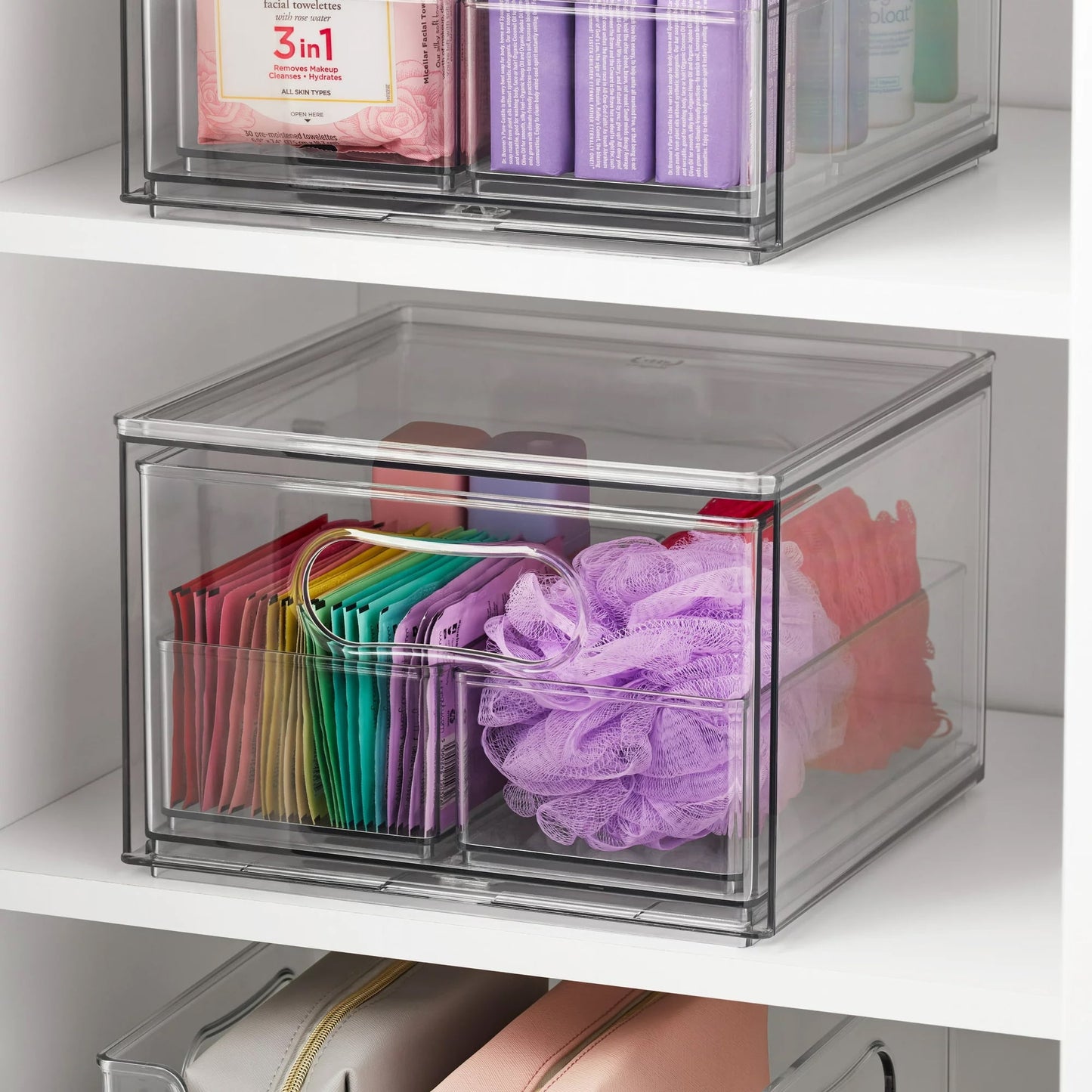 Clear Plastic Modular Bath Storage System | 4-Piece Set | 10.63” x 7.04” x 10.33”