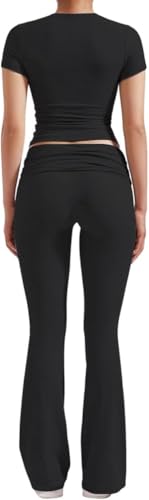 ZFLM Casual Workout Two Piece Outfits for Women Black Medium - Crop Top & Flare Pants Set