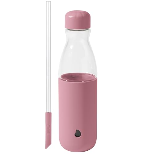 Glass Water Bottle with Straw - Dusty Pink, 18oz, Leakproof, BPA Free