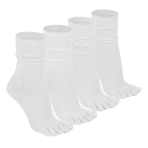 Janmercy 4 Pair Crew Five Toe Socks for Women Cotton White Solid