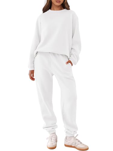 Medium White Womens Lounge Set Sweatsuits 2 Piece Jogger Pants Fall