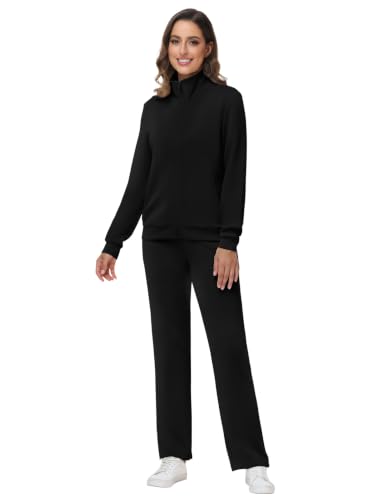 Women's Modal Tracksuit Set Full Zip Jacket & Straight Leg Pants - Small, Black