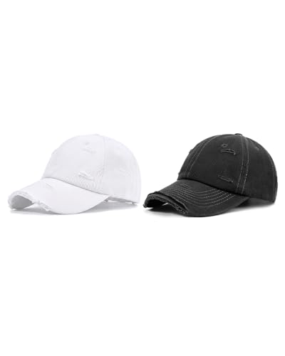 Distressed Washed Cotton Baseball Cap - Adjustable Dad Hat for Men Women - One Size / Black & White