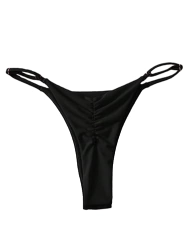 Women's High Cut Thong Bikini Bottom Small Black Ruched Swimsuit Bottom