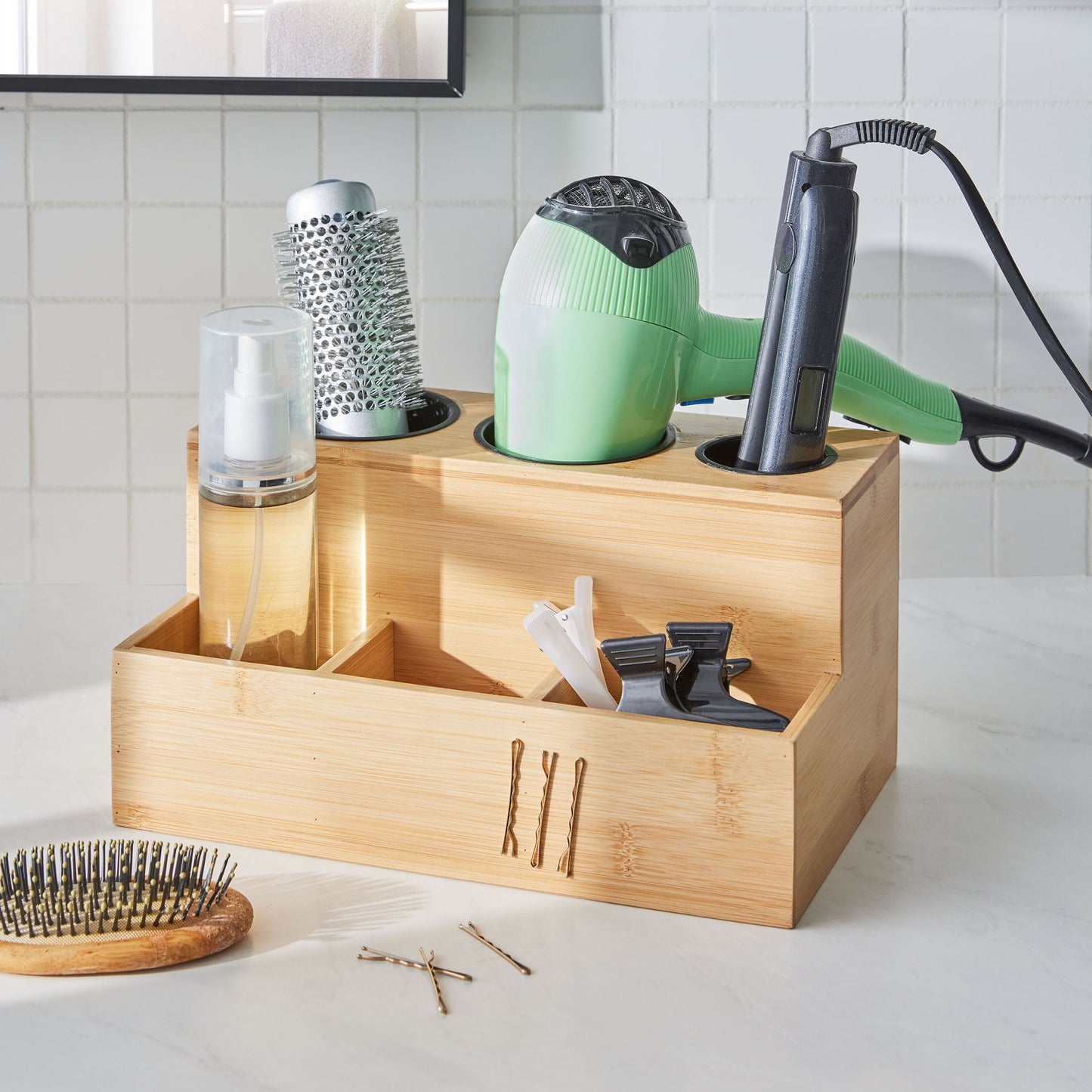 Bamboo Hair Tools Organizer | Eco-Friendly Storage Solution for Home
