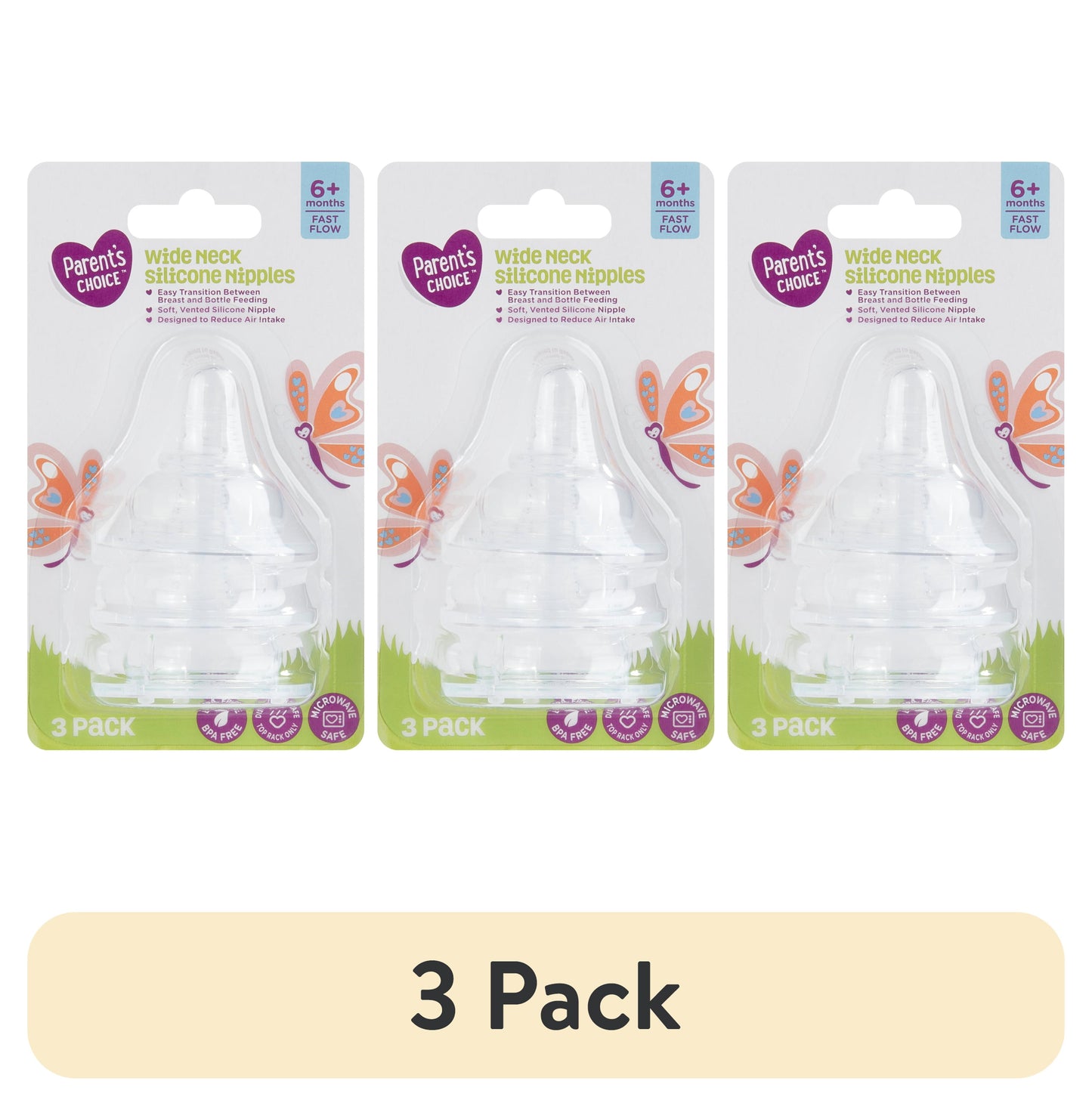 Parent's Choice Wide Neck Silicone Nipples | 6+ Months | 3-Pack