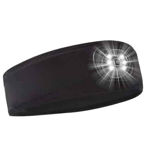 LED Sports Sweat Headband - Outdoor Headlamp Rechargeable with Reflective Visible for Men and Women, 3 Brightness Head Lights for Camping Running, Black