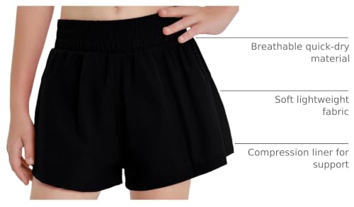 Girls High Waist Athletic Shorts 2-in-1 Running Shorts for 10-12 Years - Black