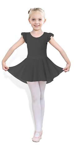 Kids Girls Ruffle Sleeve Tutu Leotard Dress for Dance, Gymnastics & Ballet - 5-6 Years, Black & Purple