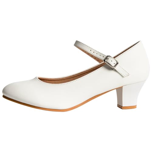 Women’s Character Dance Shoes Ankle Strap Heels 1.55 Inch - White 7 - Ballroom Salsa Tango