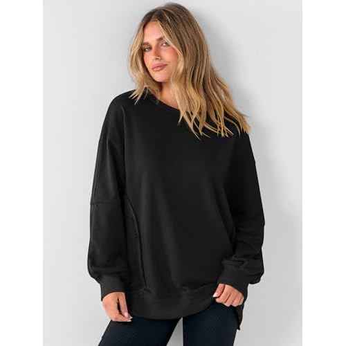 ANRABESS Women Oversized Long Sleeve Sweatshirts Crewneck Side Slit Loose Teen Girl Pullover Top 2025 Fall Y2K Trendy Outfits