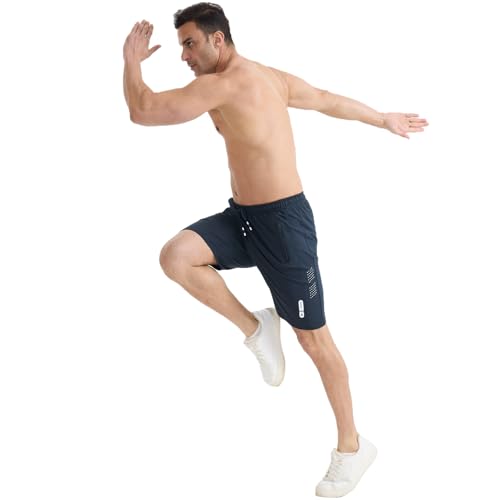 Men's Athletic Shorts with Zipper Pockets - Casual Gym Workout Running Sweat Cotton, Blue, X-Large