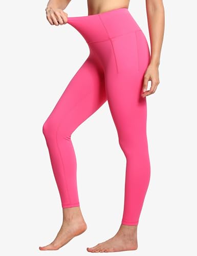 Women Tummy Control Yoga Leggings with Pockets - Full Length, Medium, Bright Pink