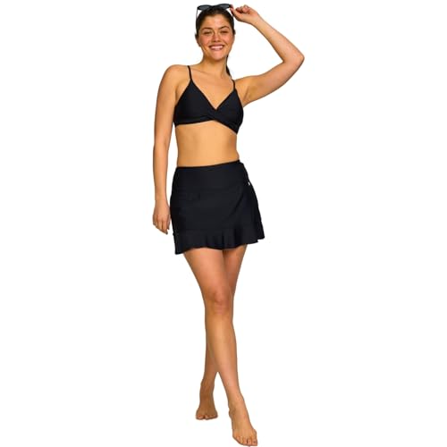 High Waisted Women's Swim Skirt with Tummy Control - Medium Black