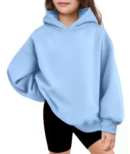 Girls Oversized Fleece Hoodie - Light Blue, 13-14 Years, Casual Pullover Sweatshirt