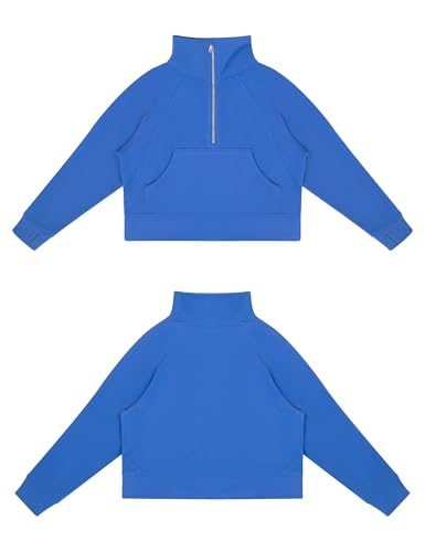 Women's Half Zip Fleece Crop Sweatshirt - Stand Collar, Sea Blue, Medium