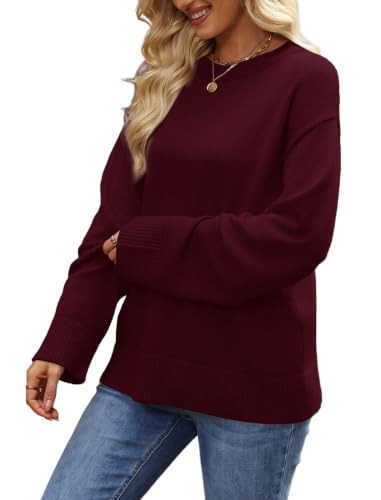 Women's Sweaters Crew Neck Fall Tops - Long Sleeve Fashion Clothing - Medium Wine Red