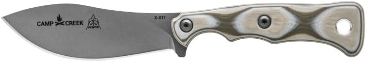Tops Knives Camp Creek Full Tang Fixed Blade- Tumble Finish Blade Finish- Coyote Tan Kydex Sheath w/Dangler (Camo G10 Handle)