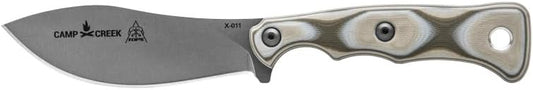 Tops Knives Camp Creek Full Tang Fixed Blade- Tumble Finish Blade Finish- Coyote Tan Kydex Sheath w/Dangler (Camo G10 Handle)