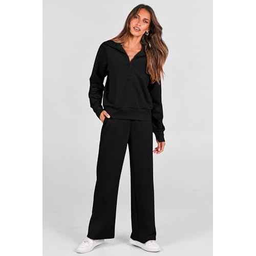 PRETTYGARDEN Women's 2 Piece Outfits Casual Lapel Half Zip Sweatshirts and Wide Leg Pants Tracksuit Sets