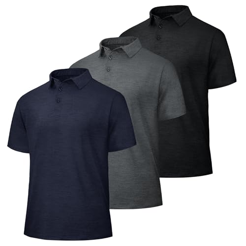 3 Pack Polo Shirts for Men - Quick Dry Moisture Wicking Performance Golf Shirts Black Short Sleeve for Work Athletic