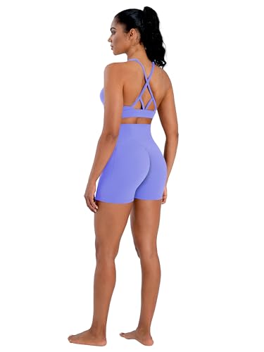Sunzel Women's High Waist Crossover Biker Shorts with Pockets - 4 Inch Inseam, Medium, Periwinkle