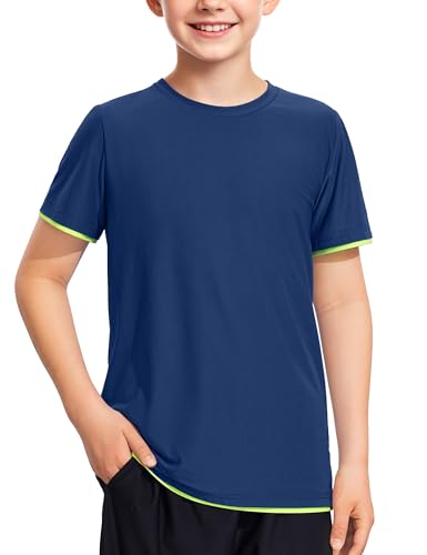 Boys Athletic Mesh Shirt - Quick Dry Short Sleeve Sports Tee - Navy 13-14 Years