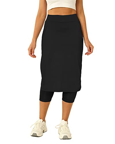 Women's Tennis Skirt with Capris Leggings, Knee Length Athletic Skort - Medium Black
