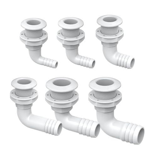 1-1/8 Inch White Angled Thru Hull Fitting with Check Valve - Marine Waterproof