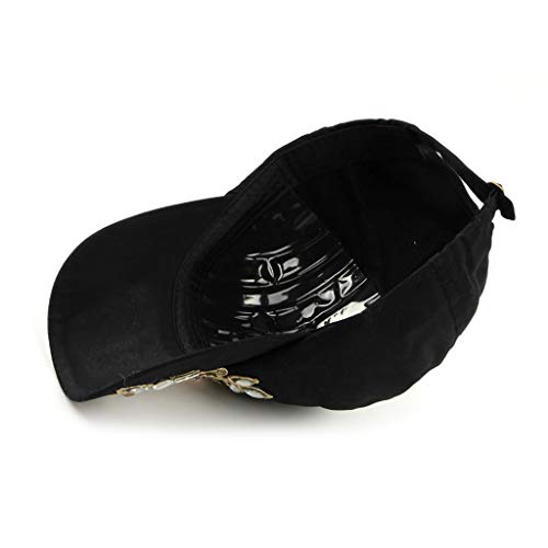 Women’s Rhinestone Baseball Cap Sun Hat with Flower Embellishments - Adjustable Denim, Black, 6 3/4-7 1/2
