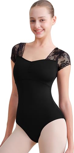 Women Lace Short Sleeve Ballet Leotard Open Back Medium Black