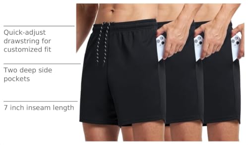 Men's Athletic Shorts 3 Pack - Medium Black Quick Dry Workout Gym Shorts