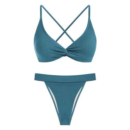 ZAFUL Women Bikini Sets Criss Cross Back Bathing Suit Knot Front Two Piece Swimwear Thong Cheeky Swimsuit Set