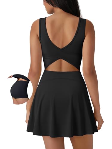 Sporty Tennis Dress with Shorts Underneath - Medium Black - Athletic Women's Wear