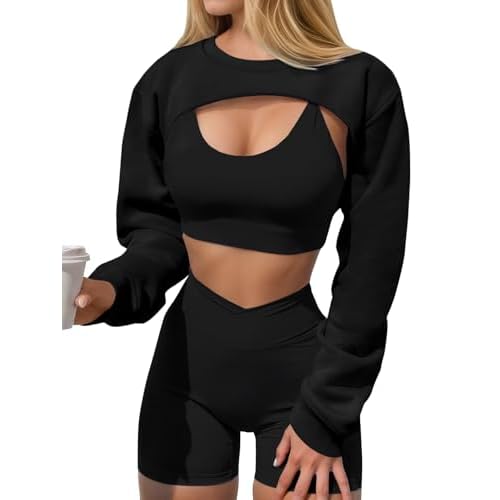 Yousify Womens Cropped Sweatshirt Shrugs Long Sleeve Workout Gym Cover Ups Bolero Shrug Y2k Super Crop Tops