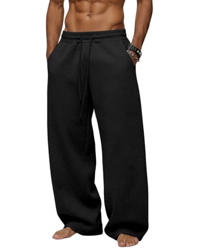 Men's Baggy Fleece Lounge Joggers with Deep Pockets - Medium, Black