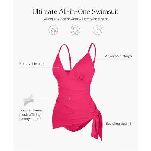 Popilush One Piece Swim Dress Tummy Control Swimsuits for Women Ruched Shapewear Split Bathing Suit