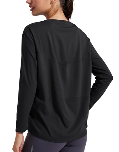 Women's Bamboo Viscose Long Sleeve Workout Shirt - Black, Large, Loose Fit Yoga Top