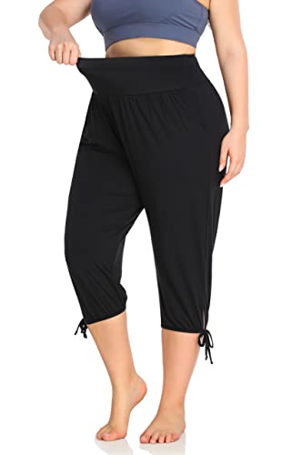 2X ZERDOCEAN Women's Plus Size Yoga Capri Pants Lounge Joggers with Pockets Black