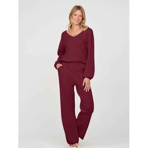 MEROKEETY Women's 2 Piece Outfits Lounge Sets Fall Winter Long Sleeve Knit Sweater Wide Leg Pant Matching Set