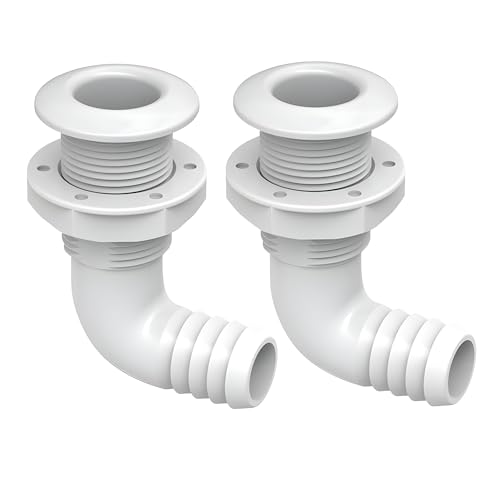 1-1/8 Inch White Angled Thru Hull Fitting with Check Valve - Marine Waterproof