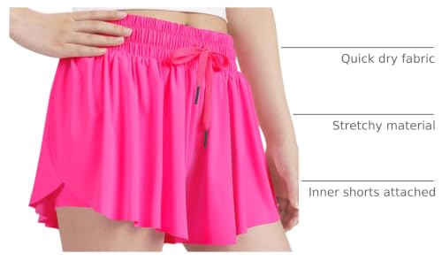 Kids Butterfly Shorts 2-in-1 Girls Flowy Athletic Pants Neon Rose 7-8 Years