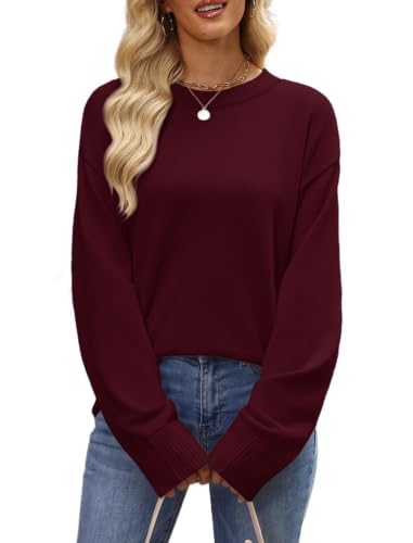 Women's Sweaters Crew Neck Fall Tops - Long Sleeve Fashion Clothing - Medium Wine Red