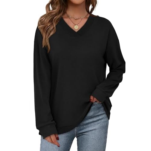 WIHOLL Sweatshirt for Women V Neck Sweaters Long Sleeve Shirts Fall Clothes Ribbed Collar 2025 Trendy Fashion